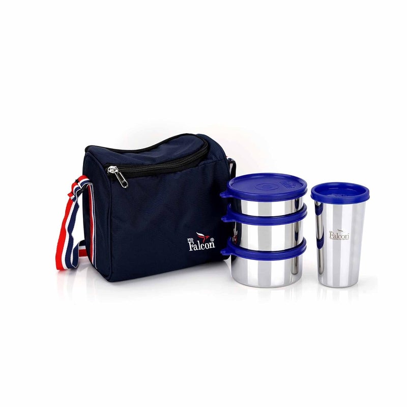 PDDFALCON Pdd Falcon Stainless Steel Dura Lunch Box 3 Containers and Tumblers with Insulated Bag Spoon 100 Leak Proof Blue1270 ml 2 pc 350 ml Each 1 pc 200 ml 370 ml Tumbler - Image 1