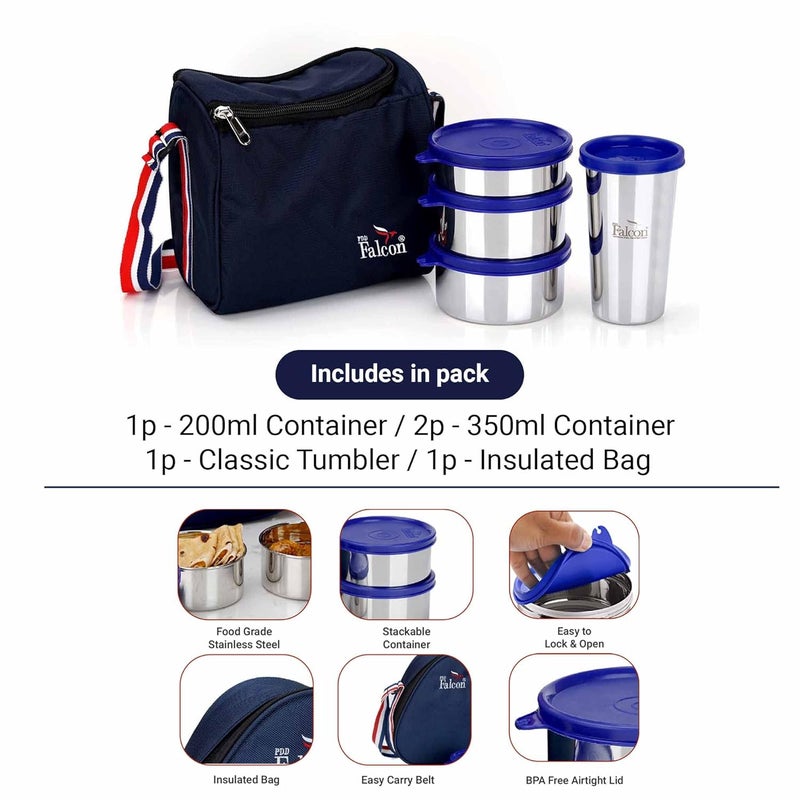 PDDFALCON Pdd Falcon Stainless Steel Dura Lunch Box 3 Containers and Tumblers with Insulated Bag Spoon 100 Leak Proof Blue1270 ml 2 pc 350 ml Each 1 pc 200 ml 370 ml Tumbler - Image 3