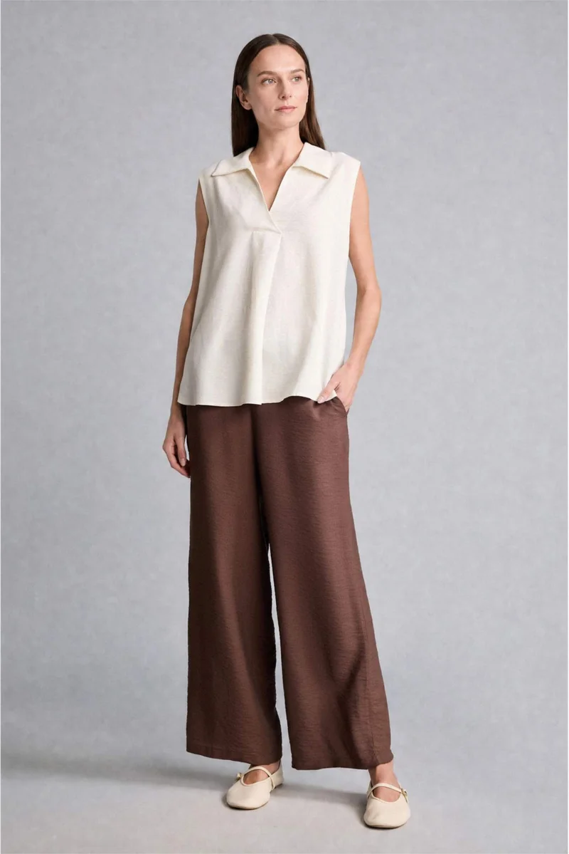 ديفاكتو Regular Fit V-Neck Linen Blend Ecru Blouse