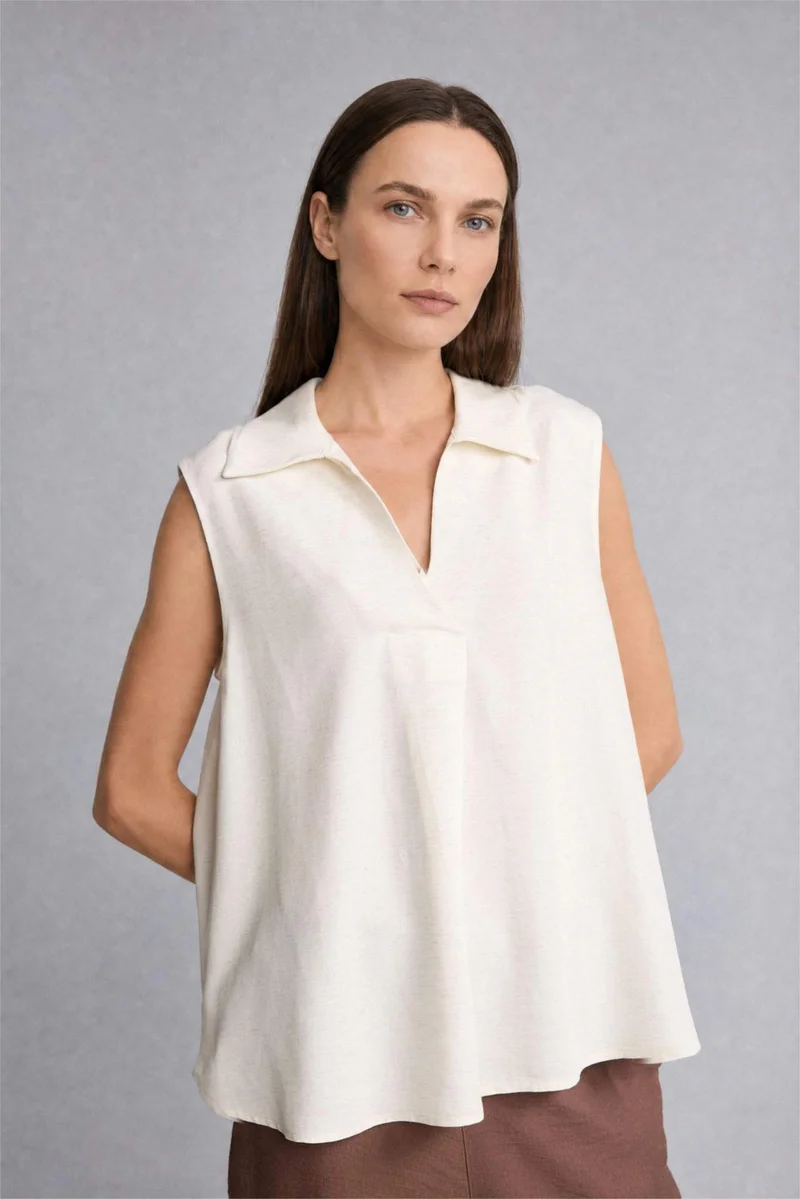 ديفاكتو Regular Fit V-Neck Linen Blend Ecru Blouse