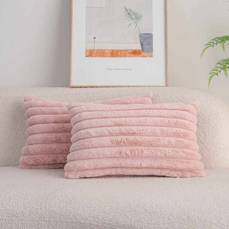 DEELAND Pack of 2 Double-Sided Faux Fur Plush Decorative Throw Pillow Covers Fuzzy Striped Soft Pillowcase Cushion Covers for Sofa Couch Bedroom(Pink 12x20 inch - Image 1
