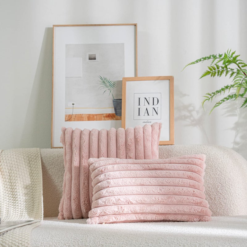 DEELAND Pack of 2 Double-Sided Faux Fur Plush Decorative Throw Pillow Covers Fuzzy Striped Soft Pillowcase Cushion Covers for Sofa Couch Bedroom(Pink 12x20 inch - Image 3