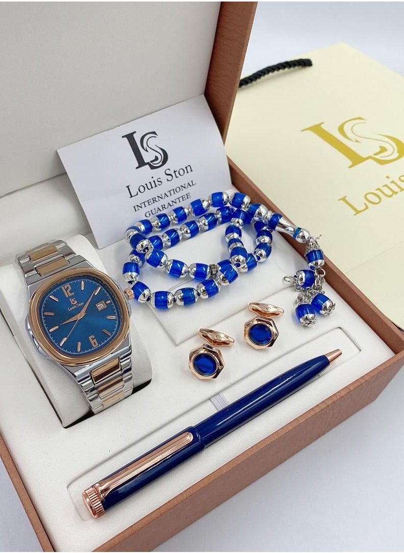 Louis Ston - A high-quality, elegant men's watch gift set from Louis Ston, a silver bracelet with a Blue bracelet and a white dial with the date display - Limited edition - Image 1