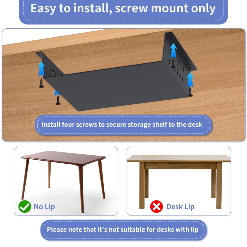 MOLIGOU Under Desk Storage Shelf, Under Desk Tray with Felt Liner, Screw Mount Under Table Hidden Storage for Home Office, Kitchen Cabinet - Image 4