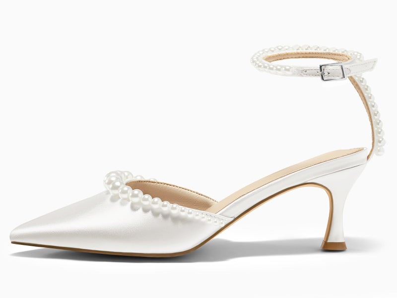 Coutgo Womens Pearl Kitten Heels Closed Pointed Toe Wedding Bride Dress Shoes Ankle Strap Satin Pumps, White, Size 7.5 - Image 5