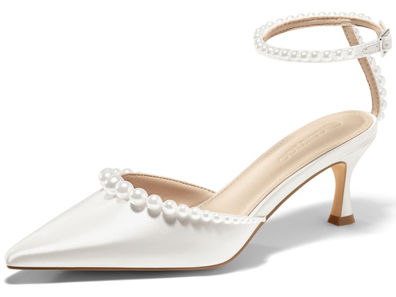 Coutgo Womens Pearl Kitten Heels Closed Pointed Toe Wedding Bride Dress Shoes Ankle Strap Satin Pumps, White, Size 7.5 - Image 1