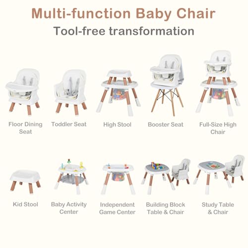INFANS 9 in 1 High Chair, Convertible Baby Highchair for Babies and Toddlers, Table and Chair Set Building Block Infant Dining Booster Seat, Kids Stool with Activity Children Play Kitchen (Beige) - Image 3
