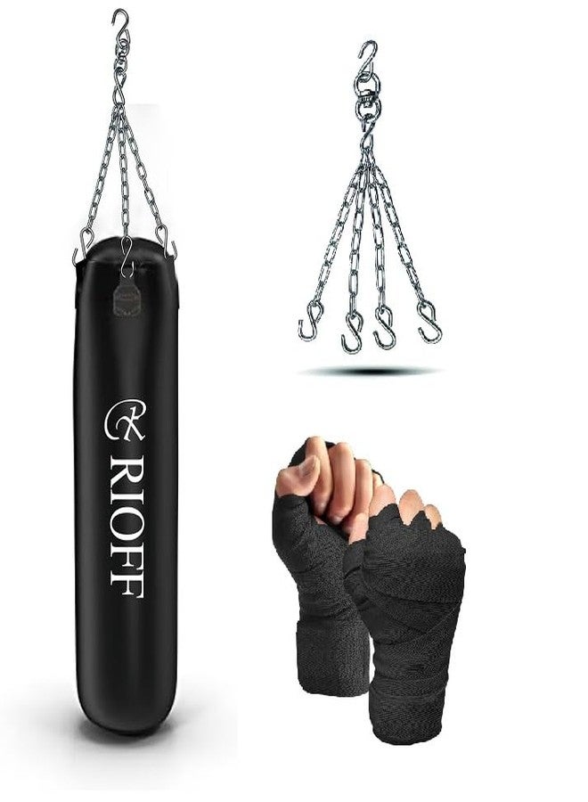 حقيبة ملاكمة منزلية شديدة التحمل مع سلسلة تعليق من الفولاذ المقاوم للصدأ بطول قدمين، مصنوعة من الجلد الصناعي غير المملوء، مع ضمادة لليد، مناسبة لرياضات (الفنون القتالية المختلطة، الكيك بوكسينغ، الملاكمة التايلاندية، التايكوندو، الجودو، الكاراتيه). لون أسود - Image 1