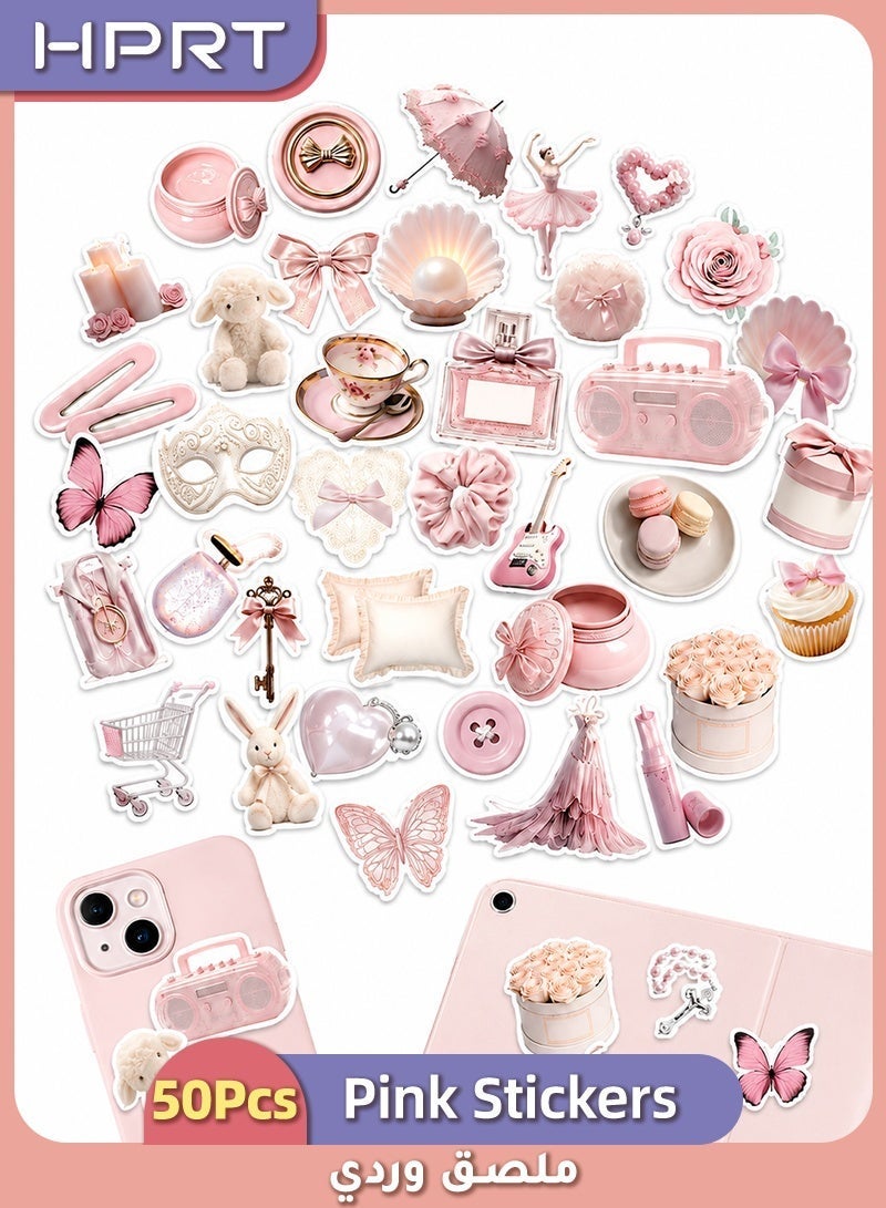 HPRT Cute Pink Stickers for Girls&Teens, 50Pcs Waterproof Vinyl Stickers, Aesthetic Graffiti Decals for Laptop Water Bottle Journal Phone - Image 1