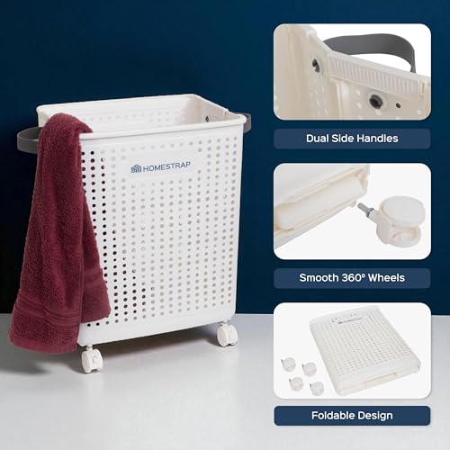 Homestrap Laundry Magic Mover Mini | Foldable Laundry Basket with Wheels & Handles | Breathable Storage Organizer for Clothes, Toys & Daily Essentials | Mini White - Image 3