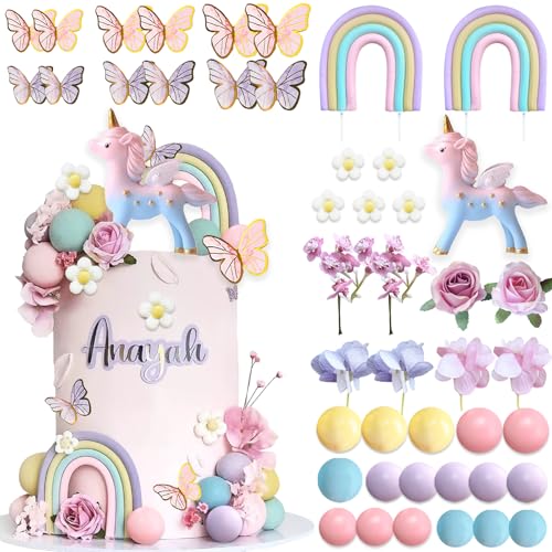 SONICEBUY 55Pcs Unicorn Cake Topper Rainbow Unicorn Flower Cake Decorations with Pearl Balls Butterflies Cake Toppers for Girls Kids Women Birthday Party Groovy Boho Rainbow Unicorn Party Supplies - Image 1