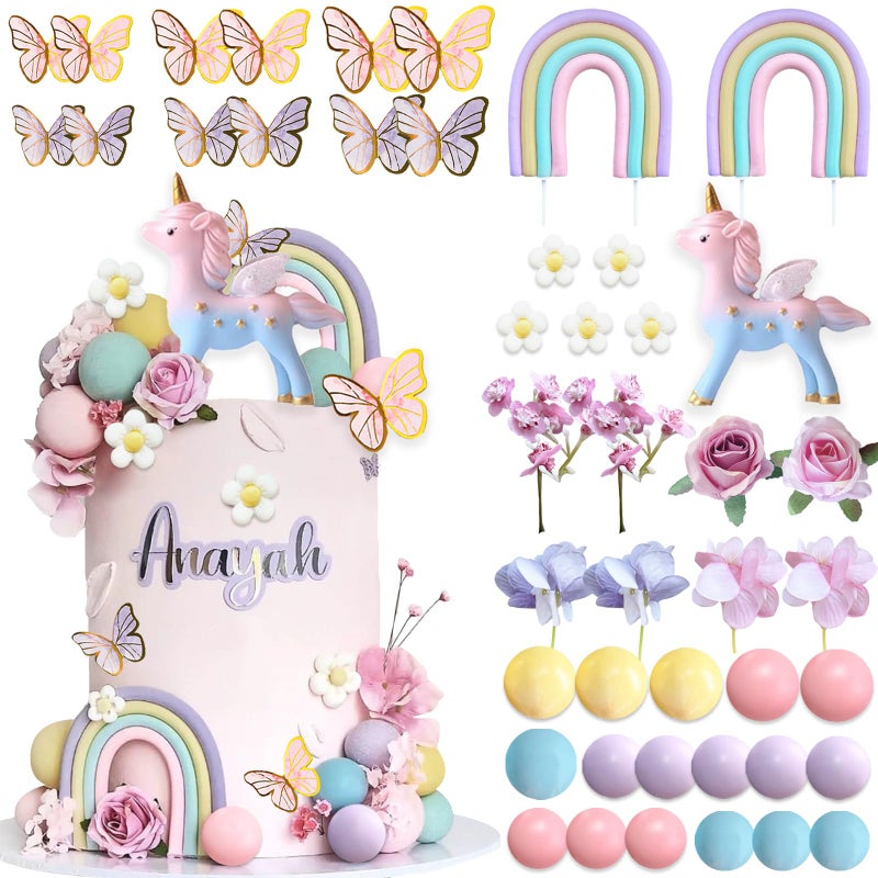 SONICEBUY 55Pcs Unicorn Cake Topper Rainbow Unicorn Flower Cake Decorations with Pearl Balls Butterflies Cake Toppers for Girls Kids Women Birthday Party Groovy Boho Rainbow Unicorn Party Supplies - Image 2