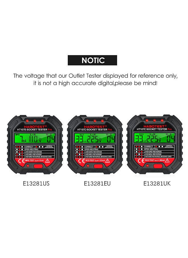 HABOTEST - GFCI Outlet Tester with Voltage Display 90-250V Socket Tester Automatic Electric Circuit Polarity Voltage Detector Breaker Finder HT107E - Image 1