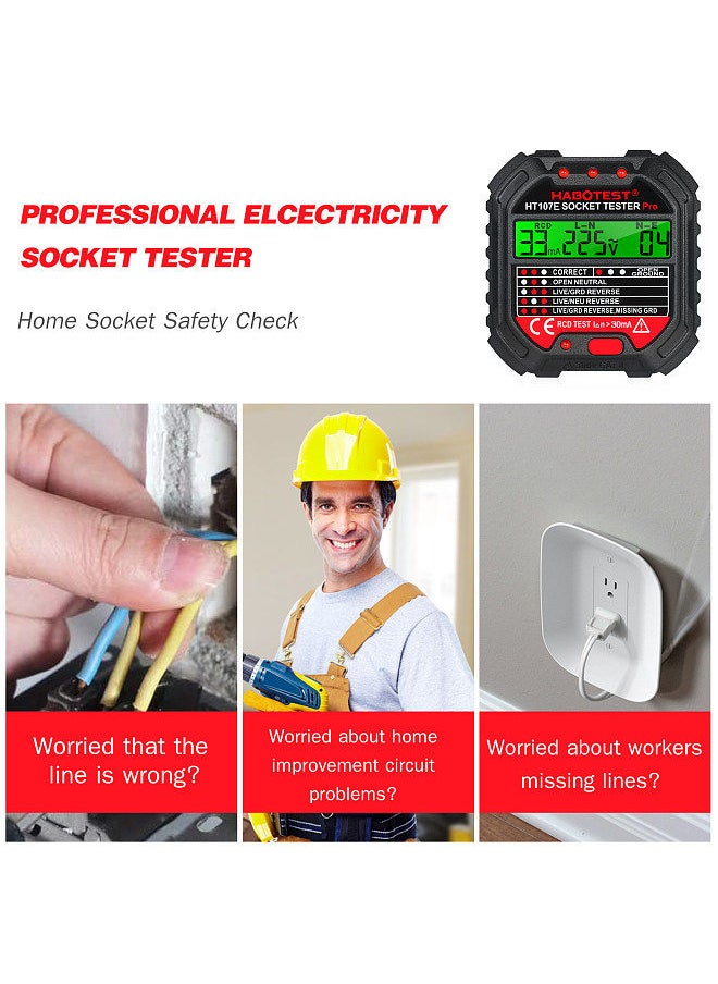 HABOTEST - GFCI Outlet Tester with Voltage Display 90-250V Socket Tester Automatic Electric Circuit Polarity Voltage Detector Breaker Finder HT107E - Image 1