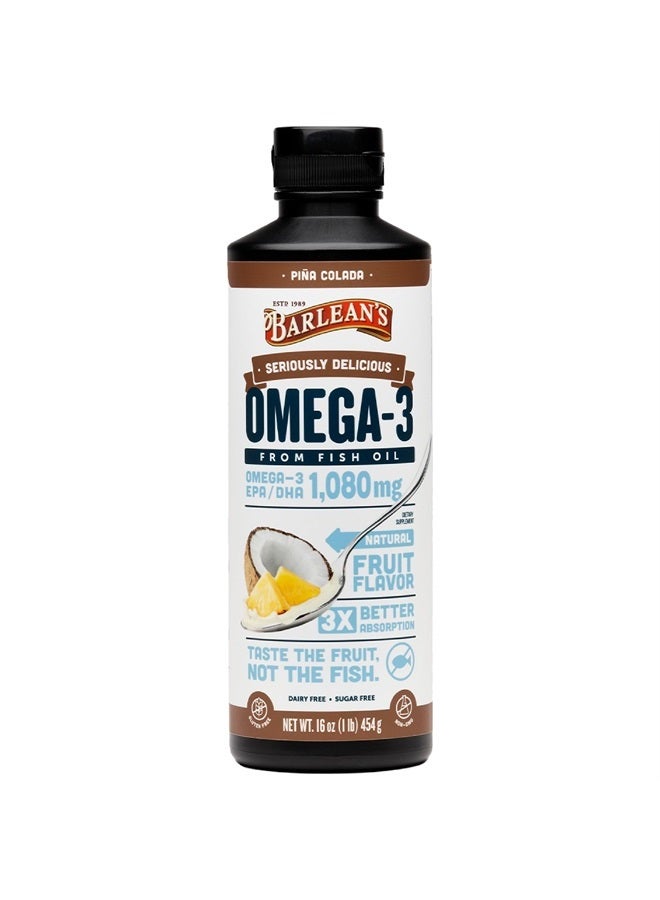 BARLEAN'S Pina Colada Omega 3 Fish Oil Liquid Supplement 1080mg of High Potency EPA & DHA Omegas, Smoothie Flavored & Burpless Omega 3 for Kids and Adults, 16 oz - Image 1