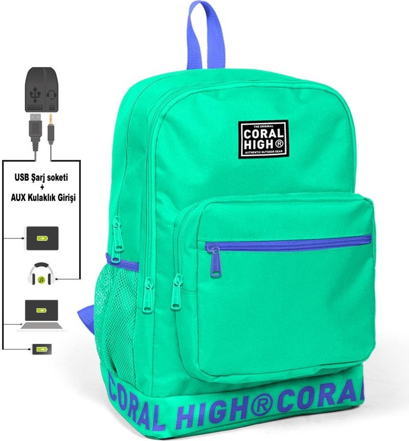CORAL HIGH Water Green Backpack with Embroidery Logo and USB Charging Headphone Output 24104