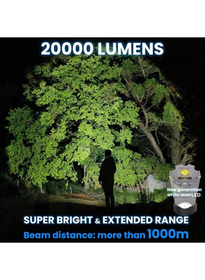 LED Torch, Super Bright Rechargeable Flashlight, 20000 Lumens, Waterproof Tactical Torch with 5 Modes & Zoom, Type-C Fast Charging, 10000mAh Battery, Long-Range Light for Camping,& Emergency - Image 2