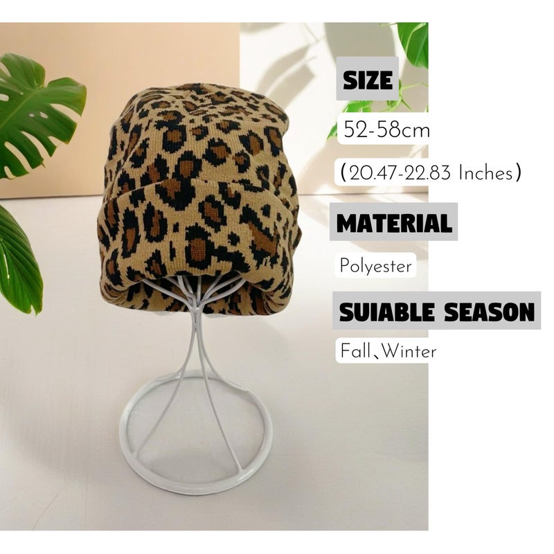 HUSSATOP Beanie Hat for Women Men Unisex Cuffed Y2K Leopard Print Winter Knit Skull Cap Warm Knitted Cap Brown - Image 3