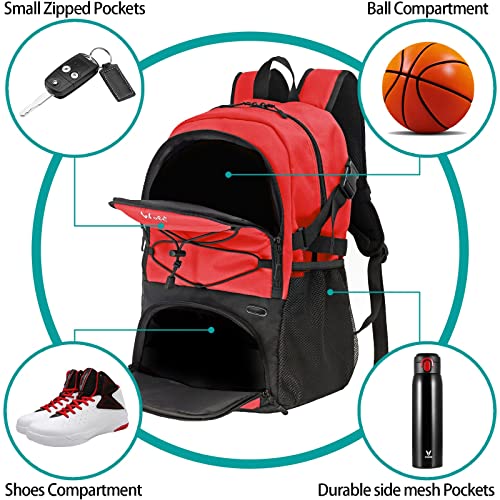 WOLT | Basketball Backpack Large Sports Bag with Separate Ball Holder & Shoes Compartment, Best for Basketball, Soccer, Volleyball, Swim, Gym, Travel(Red) - Image 4