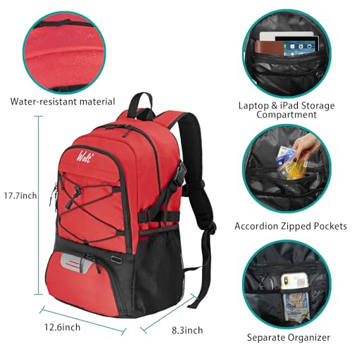 WOLT | Basketball Backpack Large Sports Bag with Separate Ball Holder & Shoes Compartment, Best for Basketball, Soccer, Volleyball, Swim, Gym, Travel(Red) - Image 2