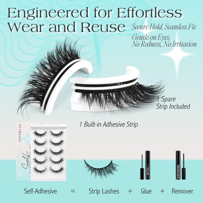 Bepholan Self Adhesive Eyelashes Natural Look,Pre Glued No Glue Needed Reusable Press On Lashes False Eyelashes Wispy with Tweezer of Replacement Adhesive Strips 8-14mm 5 Pairs(CVJ205) - Image 2