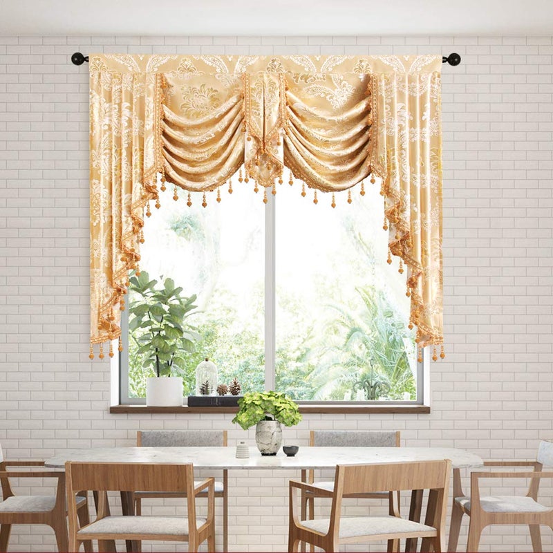 ELKCA Golden Jacquard Swag Waterfall Valance Luxury Gold Damask Curtain Valance for Living Room DamaskGolden W49 Inch 1 Panel
