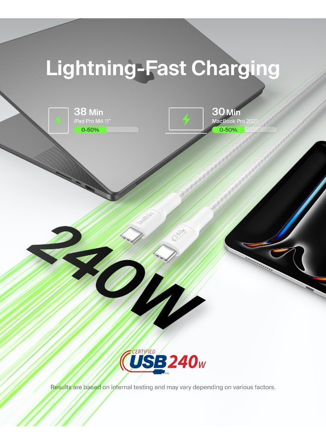 بيلكين Eco Braided USB-C to USB-C Cable (2M, 240W) - Soft, Flexible Fast-Charging Cable, Type C Charger Cord for iPhone 16, Galaxy S25, Pixel 9, MacBook, iPad Pro, & More - White (USB 2.0) White - Image 2