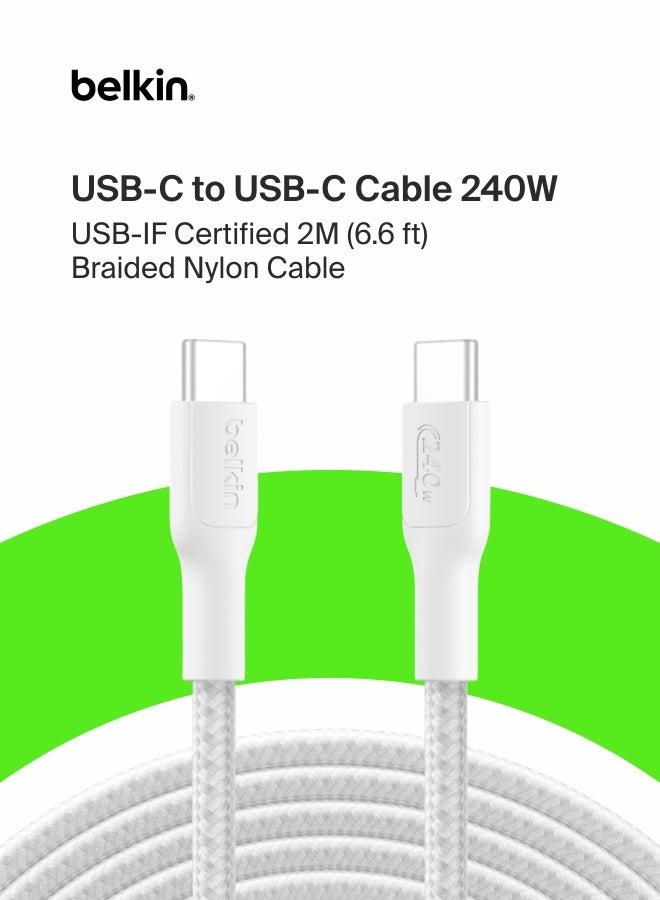 بيلكين Eco Braided USB-C to USB-C Cable (2M, 240W) - Soft, Flexible Fast-Charging Cable, Type C Charger Cord for iPhone 16, Galaxy S25, Pixel 9, MacBook, iPad Pro, & More - White (USB 2.0) White - Image 1