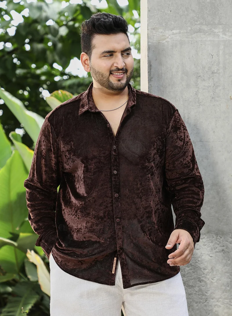 انستافاب بلس Instafab Plus Men's Chocolate Brown Solid Velvet Shirt For Casual Wear | Spread Collar | Long Cuffed Sleeves | Button Closure | Plus Size Shirt Crafted With Comfort Fit For Everyday Wear