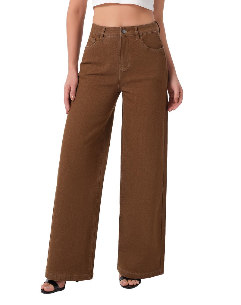 roswear Women's Wide Leg Jeans High Waisted Stretchy Denim Trouser Pants Saddle Brown X-Large - Image 1
