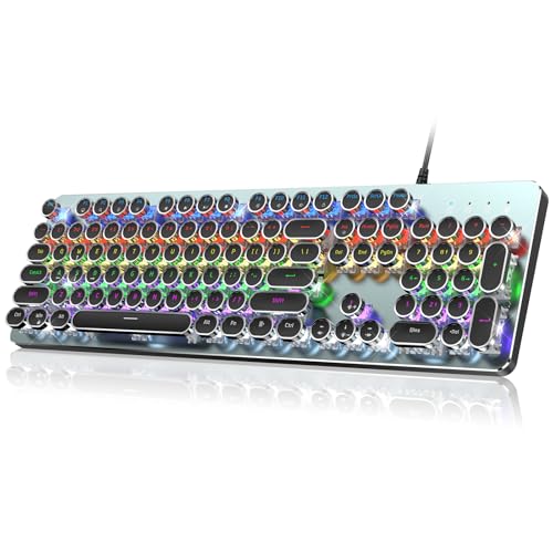 RisoPhy Typewriter Style Mechanical Gaming Keyboard, Metal Panel, Retro Punk Round Keycaps, Clicky Blue Switch, Rainbow LED Backlit, 104 Keys Wired Keyboard, Round Keycaps for PC Laptop Mac Gamer - Image 1