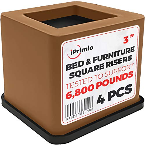 iPrimio Bed Risers - Square, 3 Inch Lift, Heavy Duty, 4 Pack, Up to 6800lbs - Bed Raising Blocks, Furniture Risers - Safe, Sturdy Bed Lifts for College Dorm Rooms, Couches, Tables, Desk Riser - Image 1