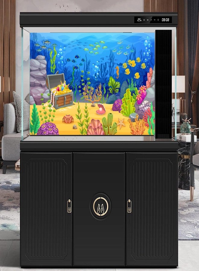 CaterRina Cartoon Underwater Landscape Aquarium Background Pirate Treasure Chest with Fish Shoal Terrarium Background Ocean Coral Reef Blue Sea Waves Fish Tank Backdrop Under The Sea Theme Backdrops 72x24in - Image 2