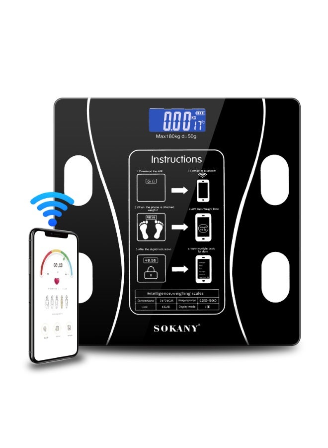 سوكاني مراقبات الدهون في الجسم بلوتوث مقياس رقمي لمقياس الحمام قياس الوزن والدهون في الجسم مؤشر كتلة الجسم تحليل تكوين الجسم مقياس المطبخ (أسود) - Image 1