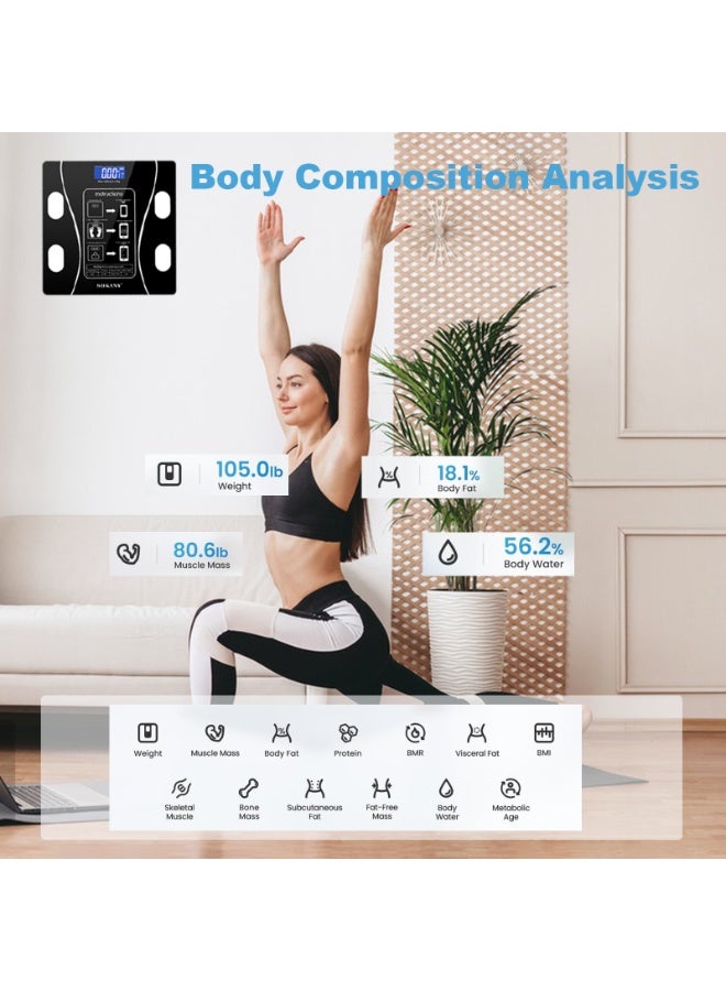 سوكاني مراقبات الدهون في الجسم بلوتوث مقياس رقمي لمقياس الحمام قياس الوزن والدهون في الجسم مؤشر كتلة الجسم تحليل تكوين الجسم مقياس المطبخ (أسود) - Image 4