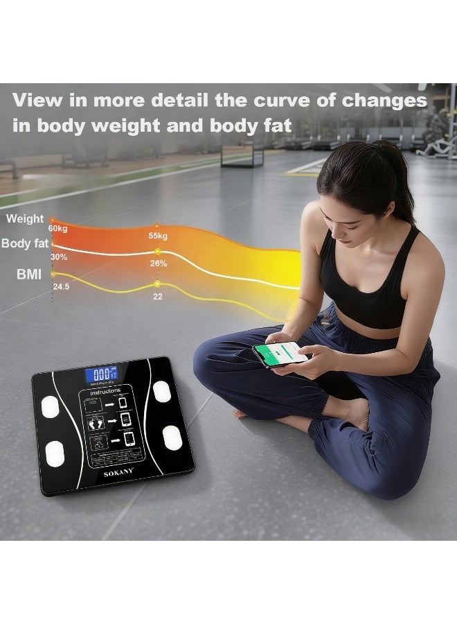 سوكاني مراقبات الدهون في الجسم بلوتوث مقياس رقمي لمقياس الحمام قياس الوزن والدهون في الجسم مؤشر كتلة الجسم تحليل تكوين الجسم مقياس المطبخ (أسود) - Image 3