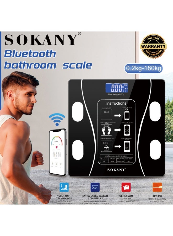 سوكاني مراقبات الدهون في الجسم بلوتوث مقياس رقمي لمقياس الحمام قياس الوزن والدهون في الجسم مؤشر كتلة الجسم تحليل تكوين الجسم مقياس المطبخ (أسود) - Image 2