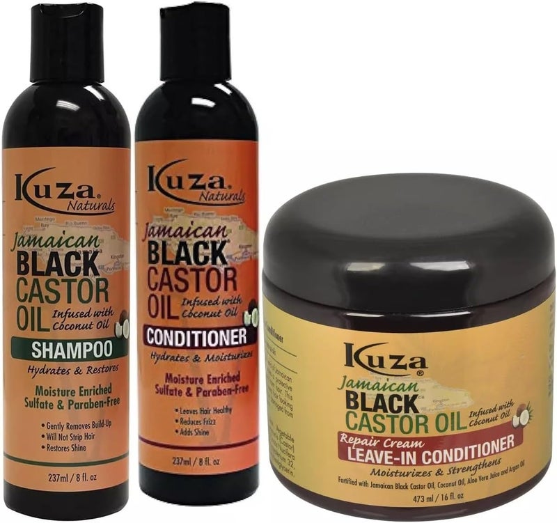 HB Kuza Jamaican Black Castor Oil Shampoo Conditioner Leave in Conditioner Set