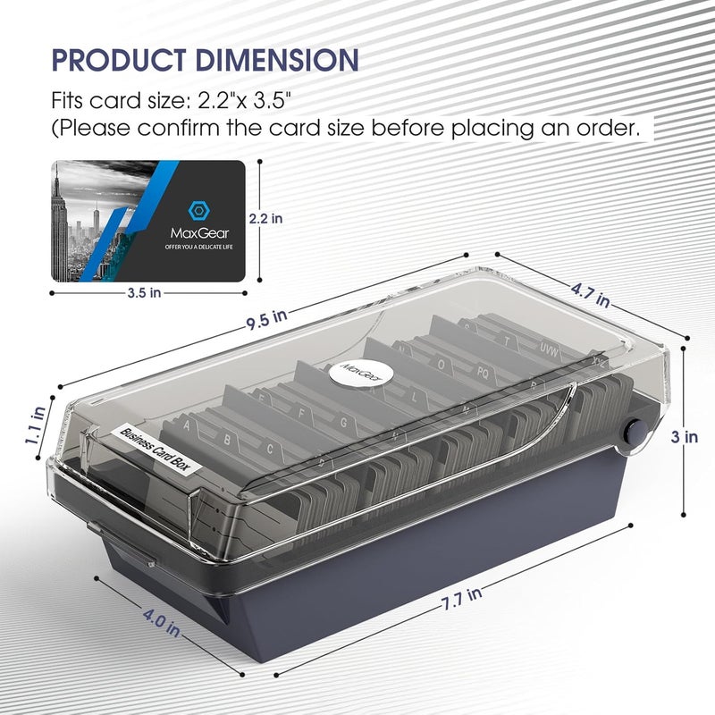 MaxGear Business Card Holder for Desk, Large Plastic Business Card Organizer Box, Credit Cards Holder File Box Storage, Capacity: 500 Cards (3.5” x 2.2”), A-Z Tabs, Metal Structure, Black - Image 5
