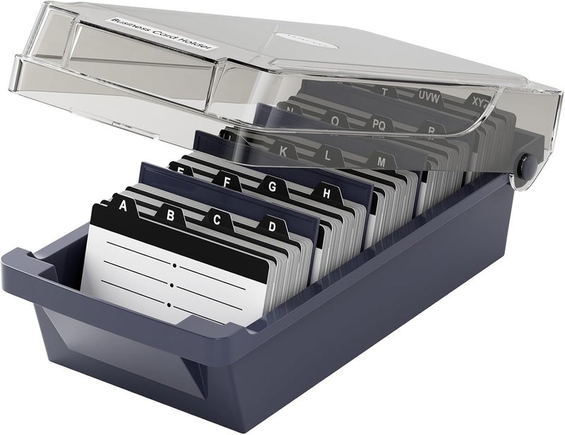 MaxGear Business Card Holder for Desk, Large Plastic Business Card Organizer Box, Credit Cards Holder File Box Storage, Capacity: 500 Cards (3.5” x 2.2”), A-Z Tabs, Metal Structure, Black - Image 1