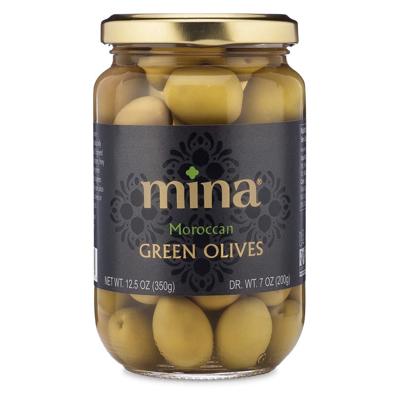 Mina Green Olives, 12.5 oz - Delicious Green Olives, Vegan Snack, Premium Hand Picked Moroccan Olives, Naturally Cured, Gluten Free, Low Carb, Non GMO Keto, Paleo, and Kosher - Image 1