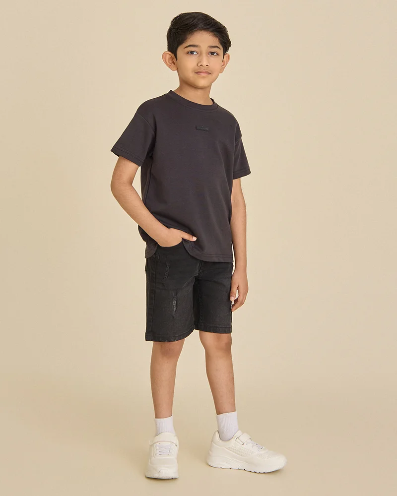 Redtag Boys Charcoal Interlock Crew Neck T-Shirt