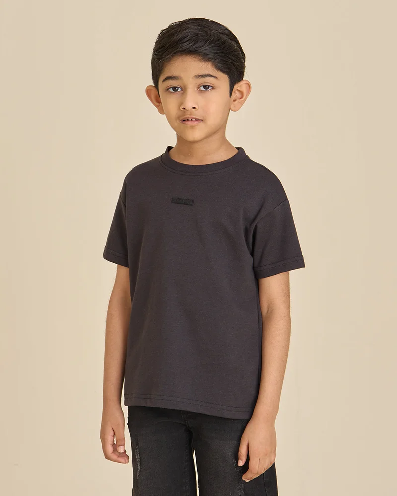 Redtag Boys Charcoal Interlock Crew Neck T-Shirt
