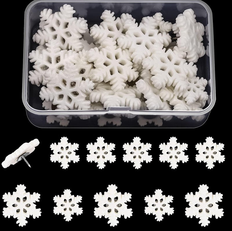 كلاراكو 30 قطعة من دبابيس دفع ندفة الثلج لعيد الميلاد، دبابيس لوحة الفلين الزخرفية، دبابيس إبهام مقاس 1 بوصة و0.7 بوصة للوحة الإعلانات، ديكورات عيد الميلاد الشتوية في المكتب والمنزل (أبيض) - Image 1
