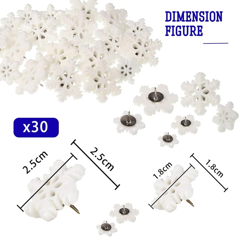 كلاراكو 30 قطعة من دبابيس دفع ندفة الثلج لعيد الميلاد، دبابيس لوحة الفلين الزخرفية، دبابيس إبهام مقاس 1 بوصة و0.7 بوصة للوحة الإعلانات، ديكورات عيد الميلاد الشتوية في المكتب والمنزل (أبيض) - Image 3