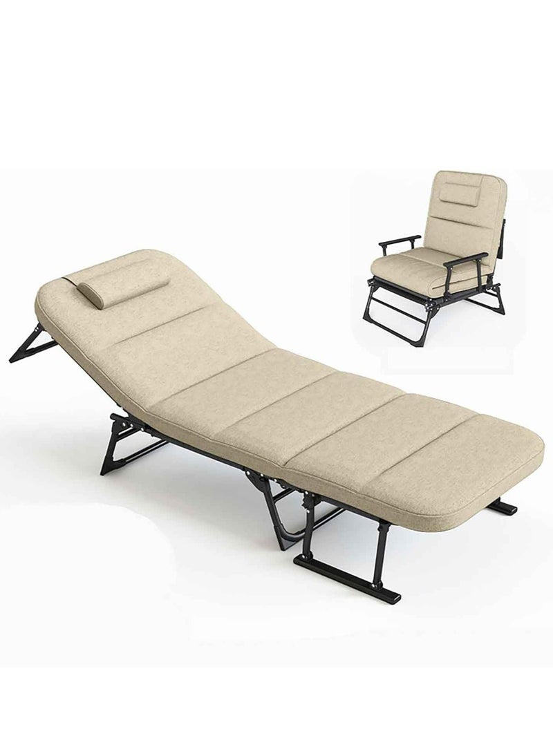 WALALLA Portable Folding Camping Bed for Adults w/Mattress Adjustable 6-Position Cots for Sleeping Heavy Duty Single Guest Bed Outdoor Patio Chaise Lounge Chair, Beige - Image 1
