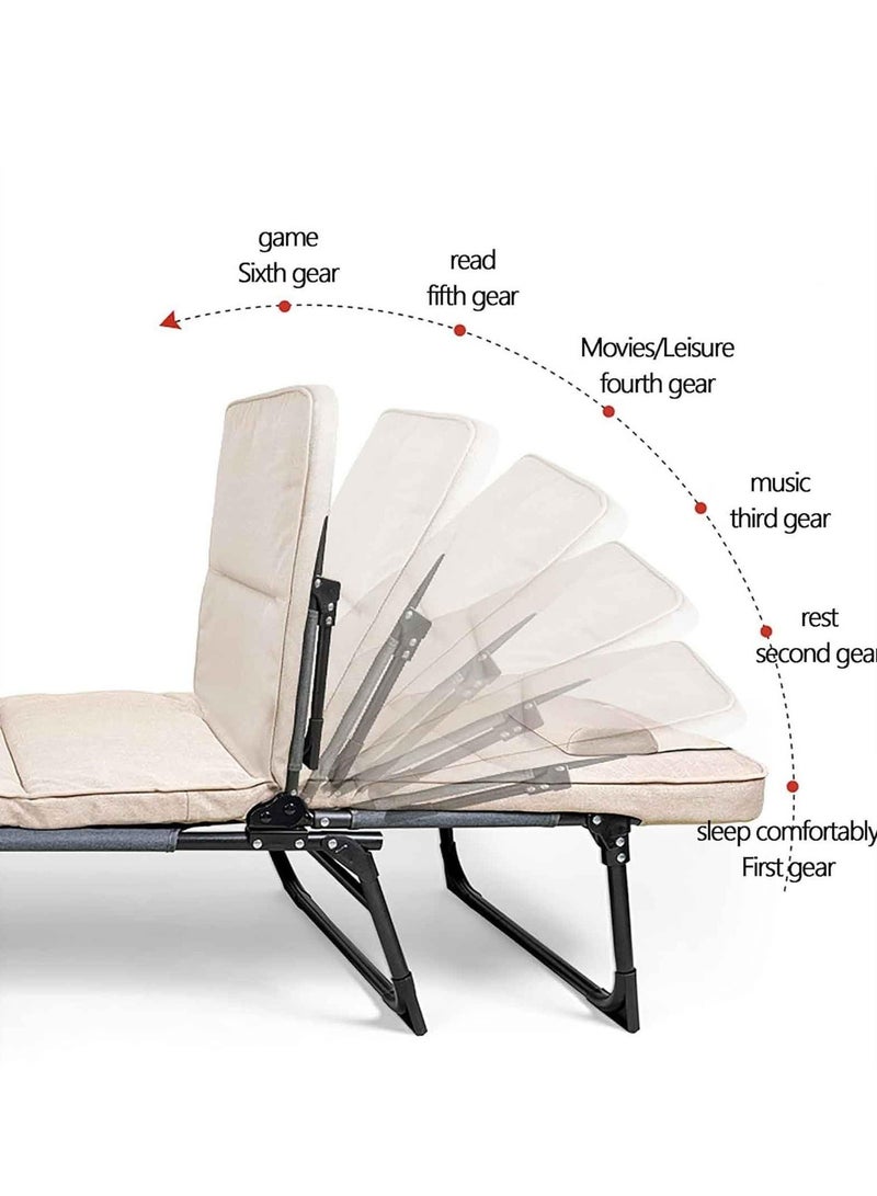 WALALLA Portable Folding Camping Bed for Adults w/Mattress Adjustable 6-Position Cots for Sleeping Heavy Duty Single Guest Bed Outdoor Patio Chaise Lounge Chair, Beige - Image 2