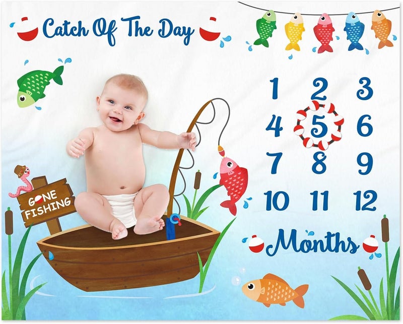 Gicoherero Gone Fishing Baby Monthly Milestone Blanket Little Fisherman Bobber Photo Prop Ideas for Newborn Boy  Girl Nursery Dcor 40 X 50 - Image 1