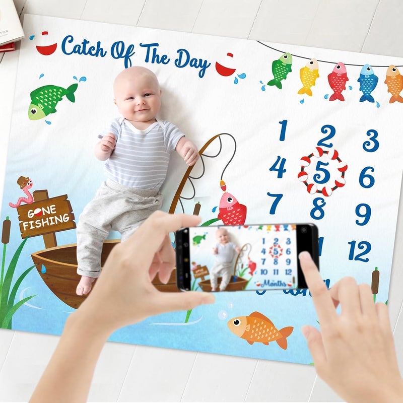 Gicoherero Gone Fishing Baby Monthly Milestone Blanket Little Fisherman Bobber Photo Prop Ideas for Newborn Boy  Girl Nursery Dcor 40 X 50 - Image 2
