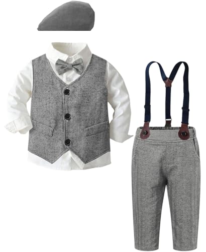 SANGTREE Boy's Clothes Set, Dress Shirt with Bow Tie + Formal Vest + Newsboy Hat + Suspender Pants 4 Pieces Gentleman Suit Hat Kid - Grey, 3-9 Months = Tag 60 - Image 1